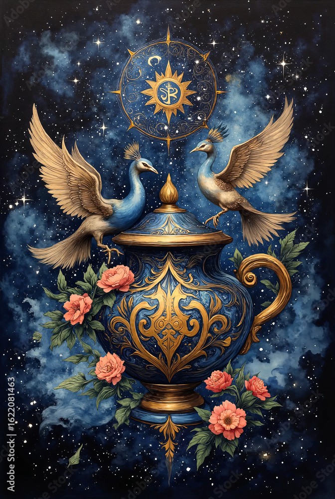 Obraz premium abstract butter pot transforming into dancing peacocks, harmonious blend of midnight blue and metallic gold, fluid Devanagari Om patterns, cosmic swirls forming Krishna's silhouette