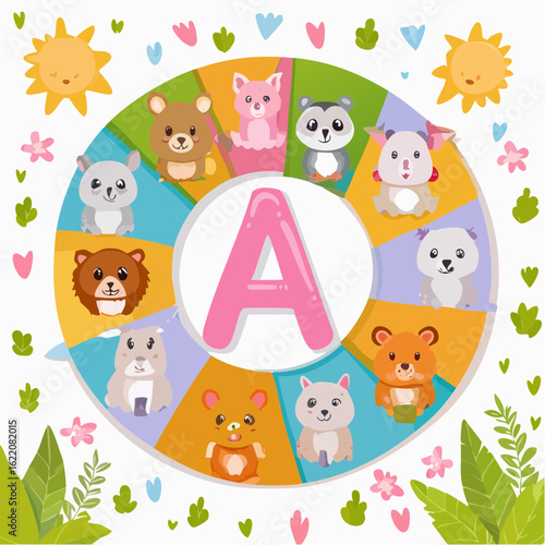 Alphabet poster for kids with A to Z and matching cute animals, bright and colorful