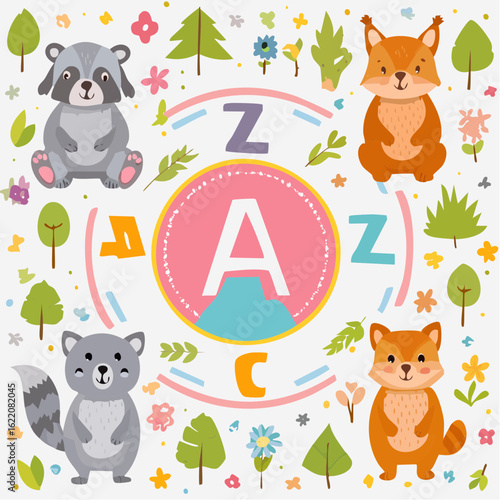 Alphabet poster for kids with A to Z and matching cute animals, bright and colorful