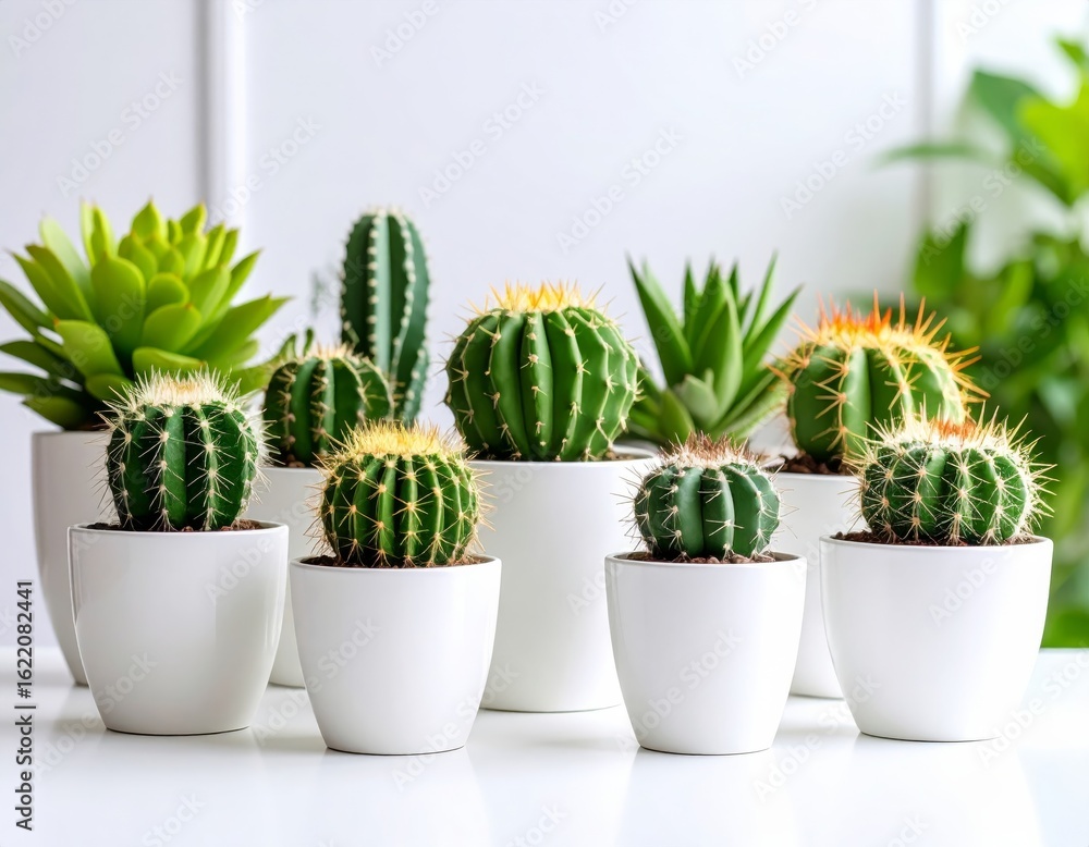 Obraz premium A single potted succulent plant with sharp thorns and a small green leaf is a simple home decoration