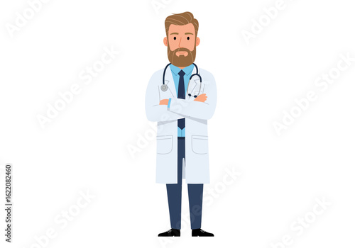 Bearded doctor in lab coat with stethoscope confidently ready for patient care and medical expertise