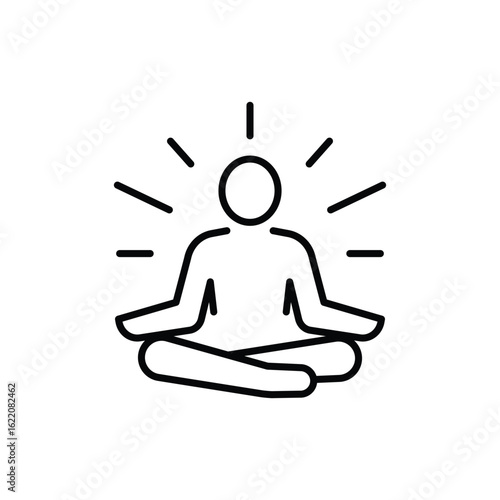 Meditate Yoga Line Icon of Person Sitting in Lotus Pose, Calm Mind, Relaxation, Tranquility, Inner Peace.