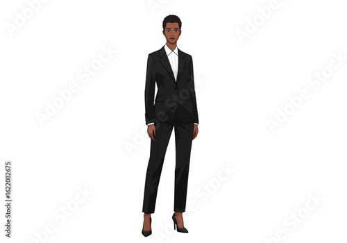Stylish businesswoman in modern black suit, poised and ready for success in her career journey today