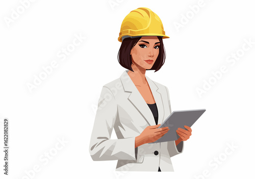 Confident female engineer reviewing plans on tablet wearing hard hat and business suit jacket illustration