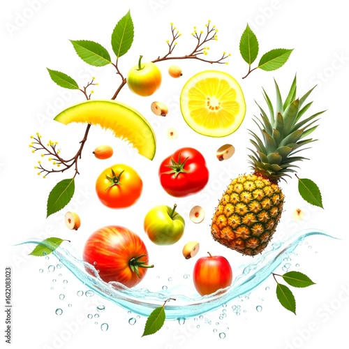 Crystal clear water ripples with sparkling fresh ripe apples, grapes, pineapples, lychees, bright green pumpkin leaves and delicate branches, on a white background