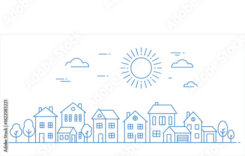 Blue line art cityscape with sun clouds and houses on white background vector