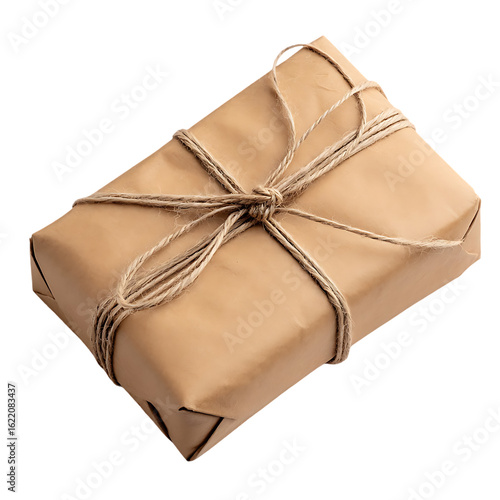 Tied package wrapped in kraft paper.