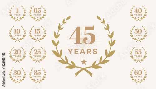 Anniversary Logos 1, 5, 10, 15, 20, 25, 30, 35, 40, 45, 50, 55, 60 Years  Gold Wreath Design Set