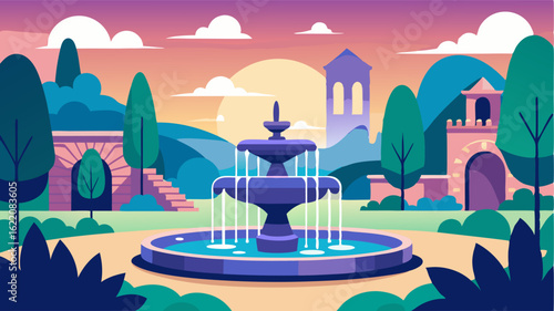 The gentle sound of water can be heard as fountains and water features provide a calm atmosphere.