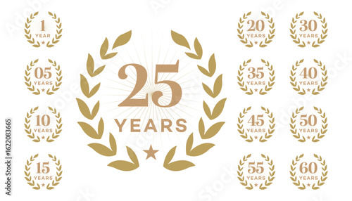 Anniversary Logos 1, 5, 10, 15, 20, 25, 30, 35, 40, 45, 50, 55, 60 Years  Gold Laurel Wreath Design