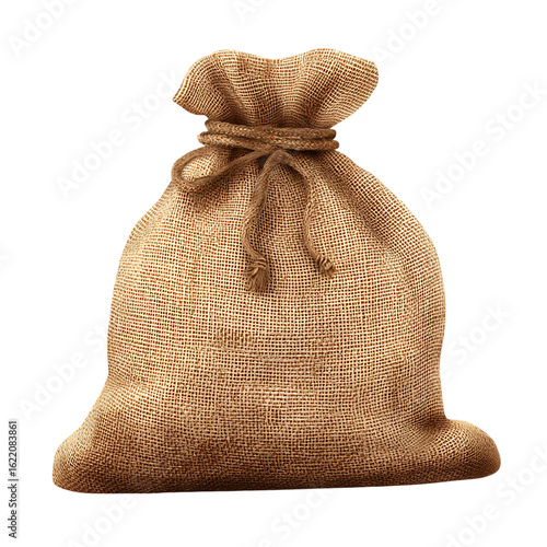 A tied burlap sack against a black background.