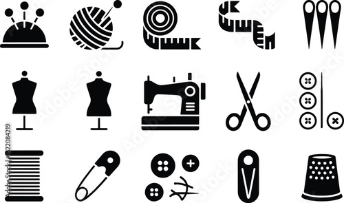 Sewing and tailoring tools black icon set ,solid vector symbols of sewing machine, spool, mannequin, buttons, scissors, and measuring tape