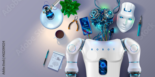 Humanoid robot lies on an engineer assembly table in laboratory. Engineer designs AI brain, programming artificial intelligence or cybernetic brain humanoid robot or cyborg. Robot parts on workplace.