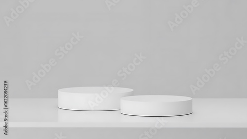 Two white cylindrical pedestals on a white surface with a gray background