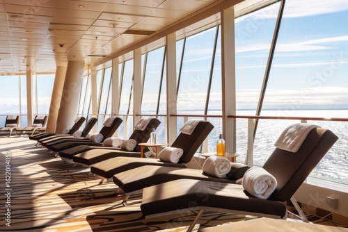 Relaxing lounge area on a cruise ship with ocean views during a sunny afternoon