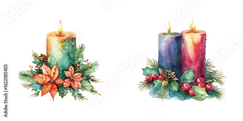 christmas decorated candle watercolor vector illustration