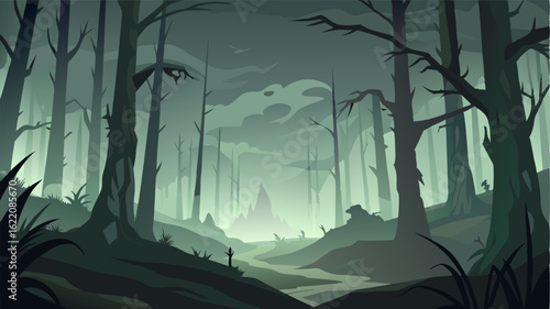Through the thick fog the forest appears as a surreal and haunting landscape its natural beauty shrouded and distorted.