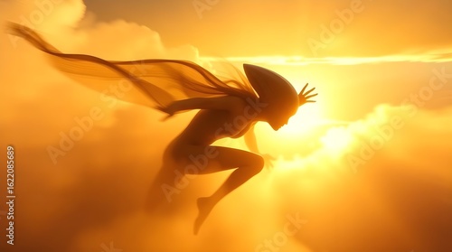 Silhouette of a Mysterious Alien Figure Emerging Through Golden Clouds

