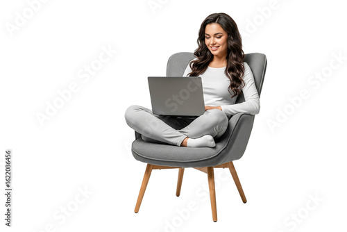 young business woman with laptop sitting on chair isolated 