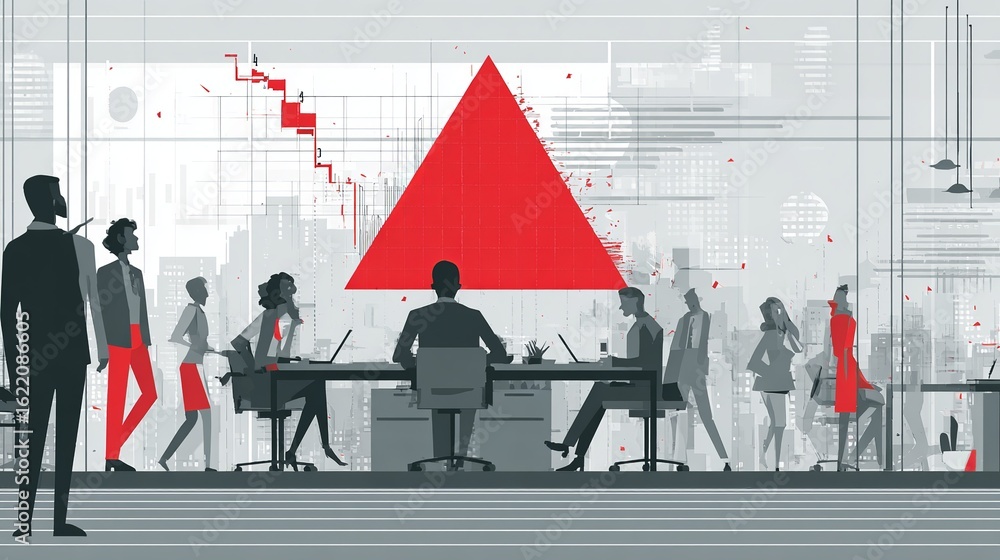 Fototapeta premium A diverse group of professionals collaborating in a modern office with abstract red graphics.