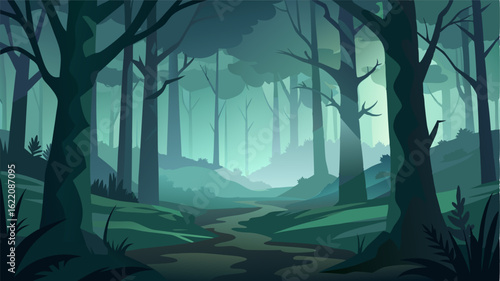The forest is alive with the soft whispers of fog as it dances between the trees creating an ethereal and enchanting atmosphere.