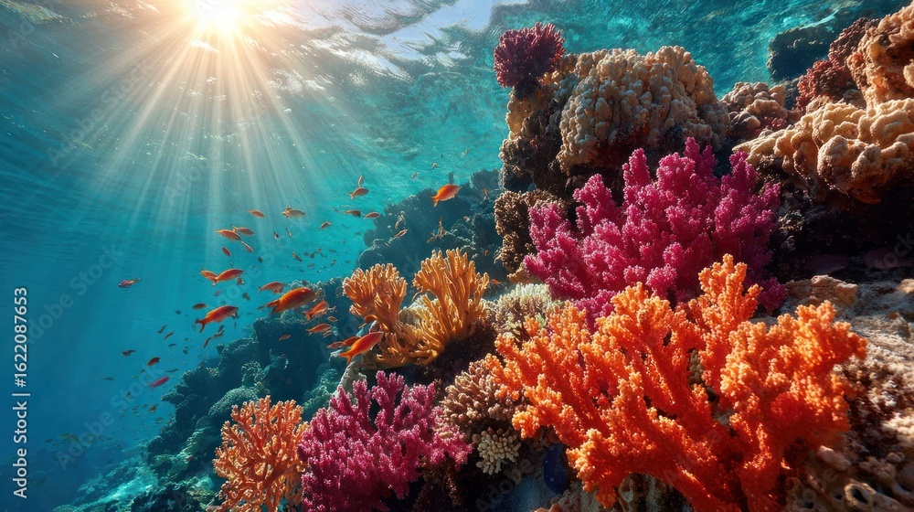 Obraz premium Vibrant coral reef, sunlight beams
