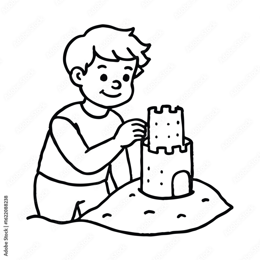 Obraz premium Detailed and artistic hand-drawn style line art focusing on a child's hands creating a sandcastle. This close-up vector emphasizes the tactile nature of play and creativity. Great for blogs, craft tut