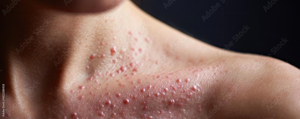 Fototapeta premium Weak immune in fatigue effect concept. Close-up of skin with acne showing texture and irritation.