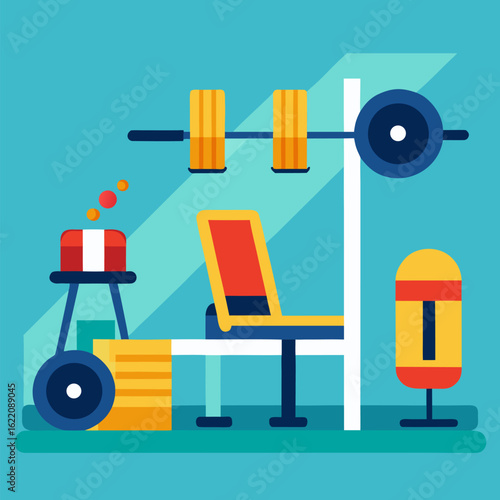 Modern gym interior design with machines and free weights vector on colorful background.