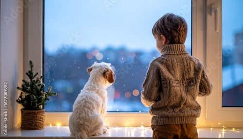 Boy and Dog Watching Winter Snow, Cozy Christmas Window Scene, String Lights, Dog, Child Christmas, Winter
