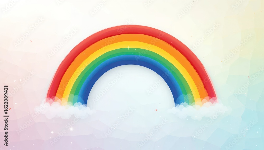 Obraz premium Vibrant Rainbow Arcing Over Soft Cloudscape: Whimsical Watercolor Illustration.