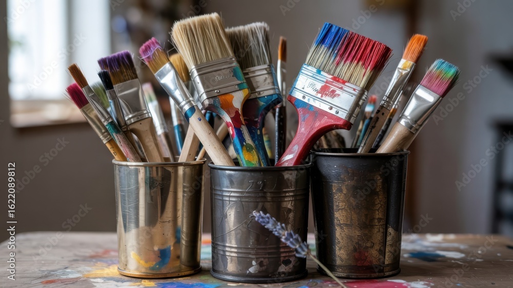 Fototapeta premium Artistic paint brushes in metal cups ready for creativity