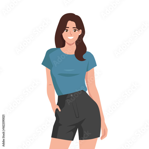 Casual Chic Woman in Blue Top and Black Shorts. Flat Vector character illustration
