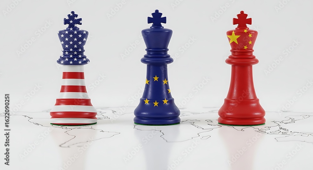 Naklejka premium Global power competition concept with chess pieces of USA, EU and China