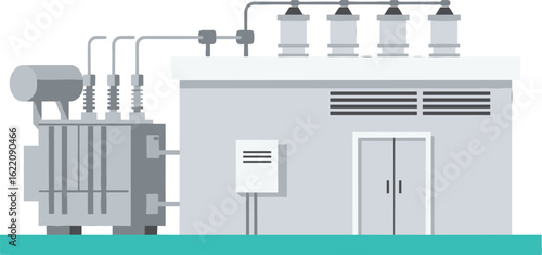 Electrical substation building vector illustration, power transformer station, flat design, high voltage facility, energy distribution infrastructure, modern utility service graphi