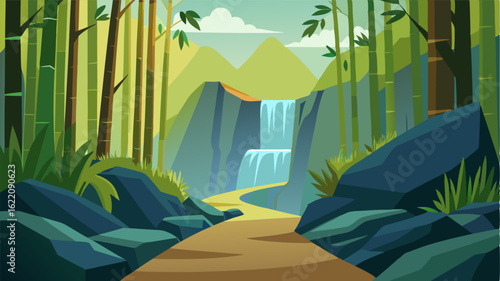 The bamboo grove is home to a majestic waterfall cascading down its rocky path and providing a soothing soundtrack to the already peaceful atmosphere.