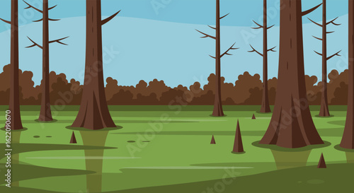 Cartoon Swamp Landscape with Trees Water and Bushes in a Flat Style