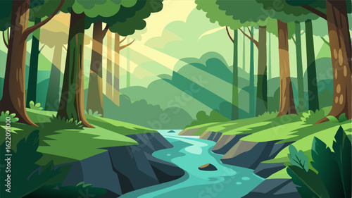 The babbling brook nestled amidst towering trees creates a calming soundtrack as light filters through the emerald leaves.
