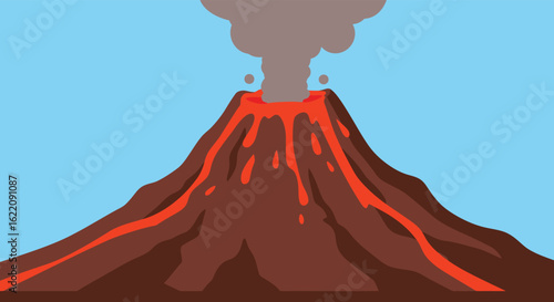 Cartoon Volcano Eruption with Lava Flowing Down the Sides on Blue Sky