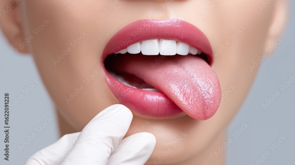 Obraz premium Wide open mouth with extended tongue during medical dental examination showing healthy oral cavity and gloved healthcare inspection, Generative AI