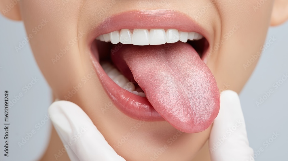 Obraz premium Wide open mouth with extended tongue during medical dental examination showing healthy oral cavity and gloved healthcare inspection, Generative AI