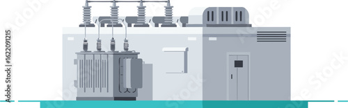 Modern power substation vector illustration, electric transformer system, high voltage distribution building, industrial utility infrastructure, flat design energy station