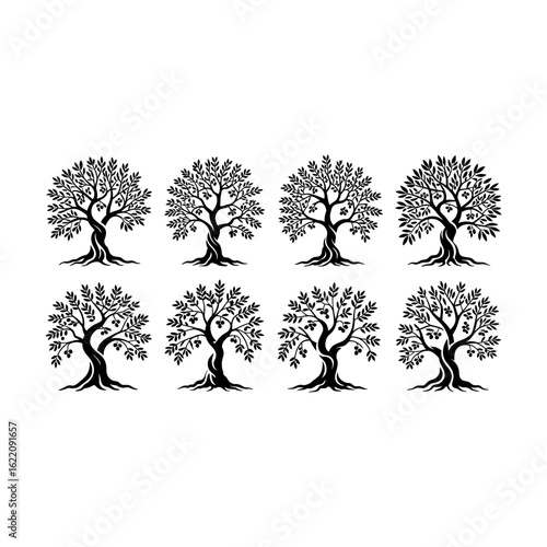 Collection of eight detailed black and white silhouette drawings of mature trees