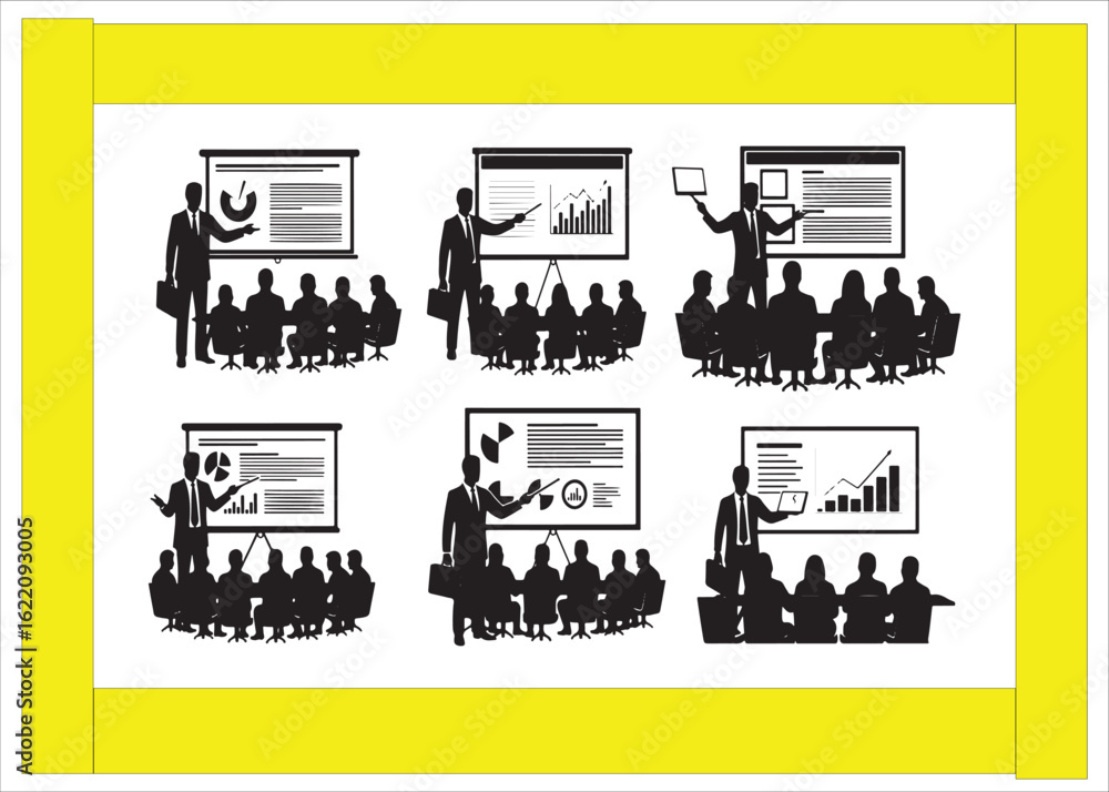 Fototapeta premium Business Presentation Silhouettes Vector Set of Six Different Scenes for Corporate Training and Development Meetings