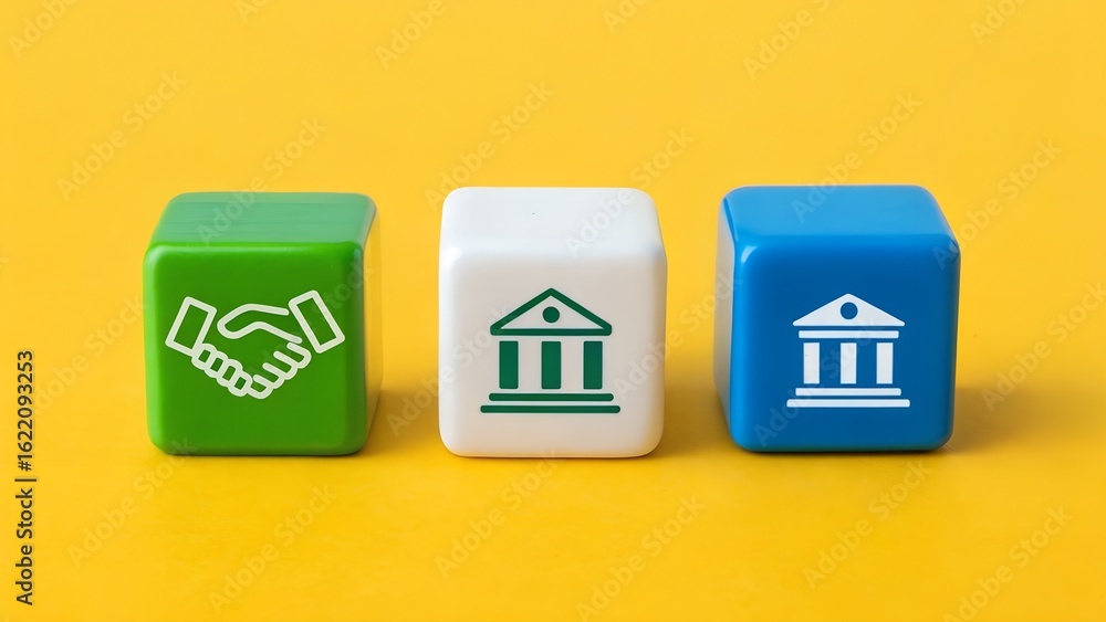 Fototapeta premium Handshake icon on green cube beside two institutional buildings. Strategic partnership meets traditional finance. Abstract representation of collaboration, fintech integration, and evolution