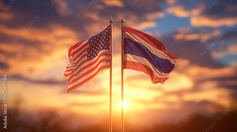 Obraz premium Cultural exchange event u.S. And thailand flags in sunset outdoor ceremony serene atmosphere symbol of friendship