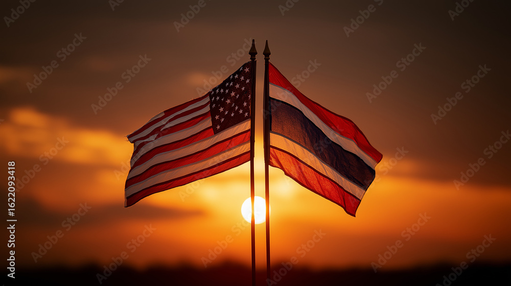 Obraz premium Sunset flags of the united states and thailand outdoor event peaceful atmosphere inspirational viewpoint