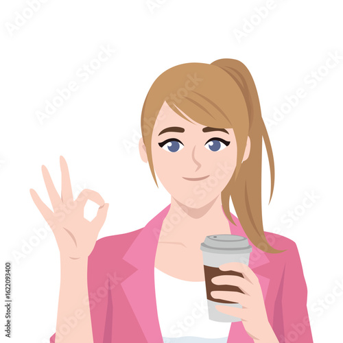 Happy Woman Enjoying Coffee. Flat Vector character illustration