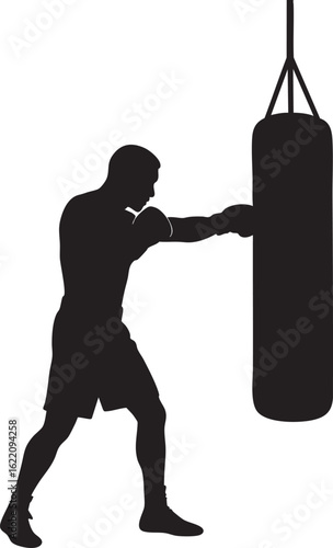 Vector Boxing Scene Featuring Fighter Mid-Punch Against Hanging Bag in Clean High-Contrast Illustration