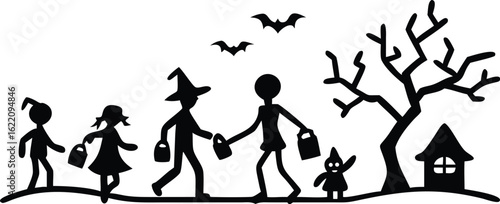 Vector art of halloween silhouette isolated on white background, family trick or treating